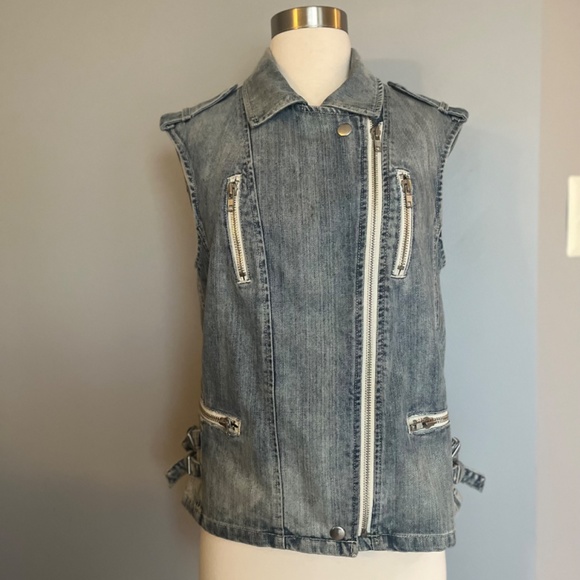 Rebecca Taylor Biker Moto Denim Vest Sleeveless Jacket Zipper Light Wash Gilet S - Picture 12 of 16